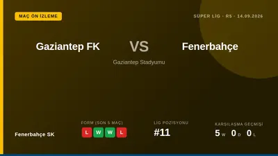 Fenerbahçe SK, Süper Lig'in 5. Haftasında Gaziantep FK deplasmanına çıkacak